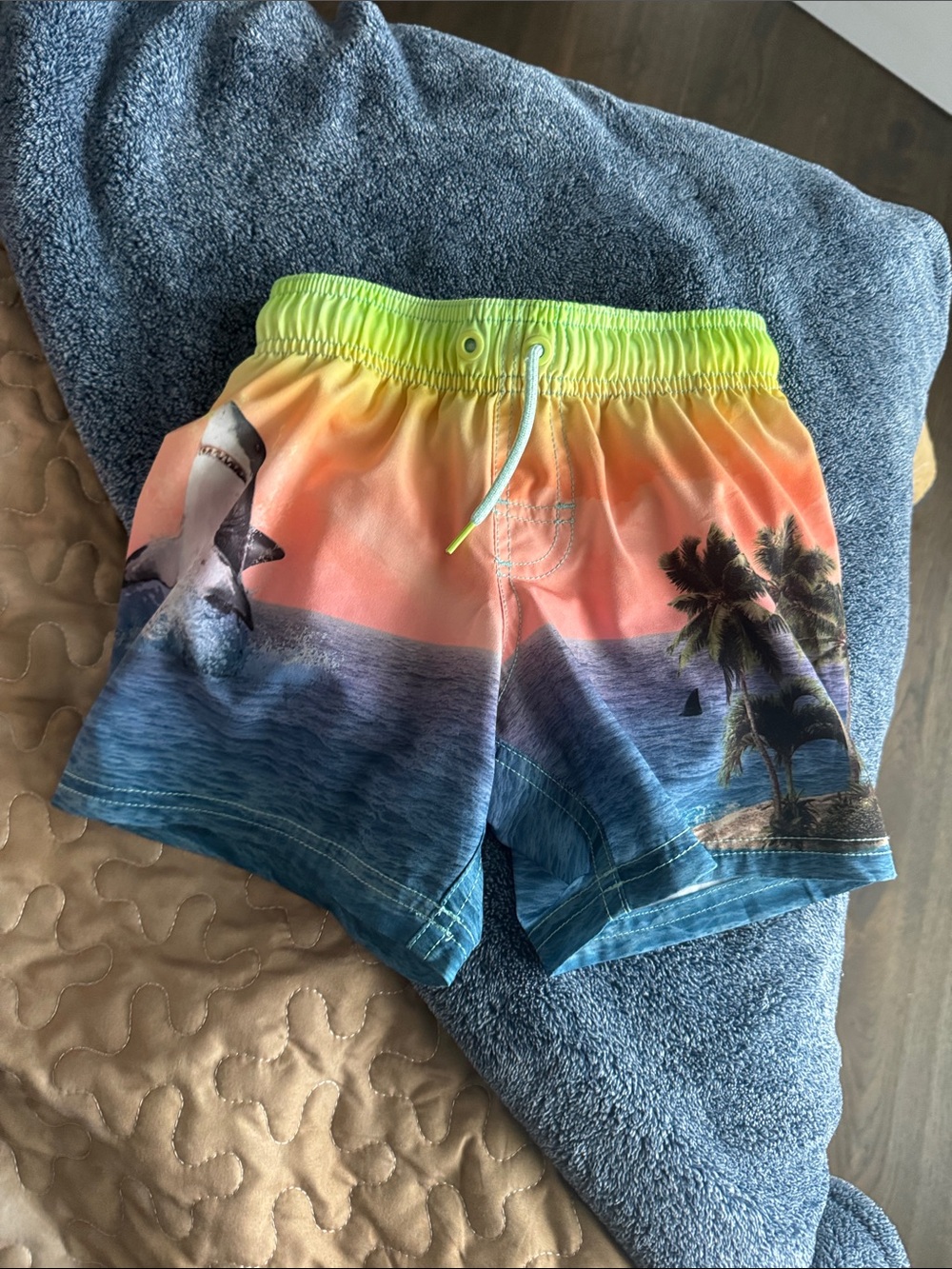 wonder nation Neon Green Orange Blue Shark & Palm Tree Swim Trunks